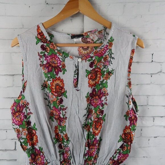 NY INVASION BLUE & WHITE STRIPE WITH FLORAL PRINT SLEEVELESS TOP SIZE LARGE - Picture 4 of 6